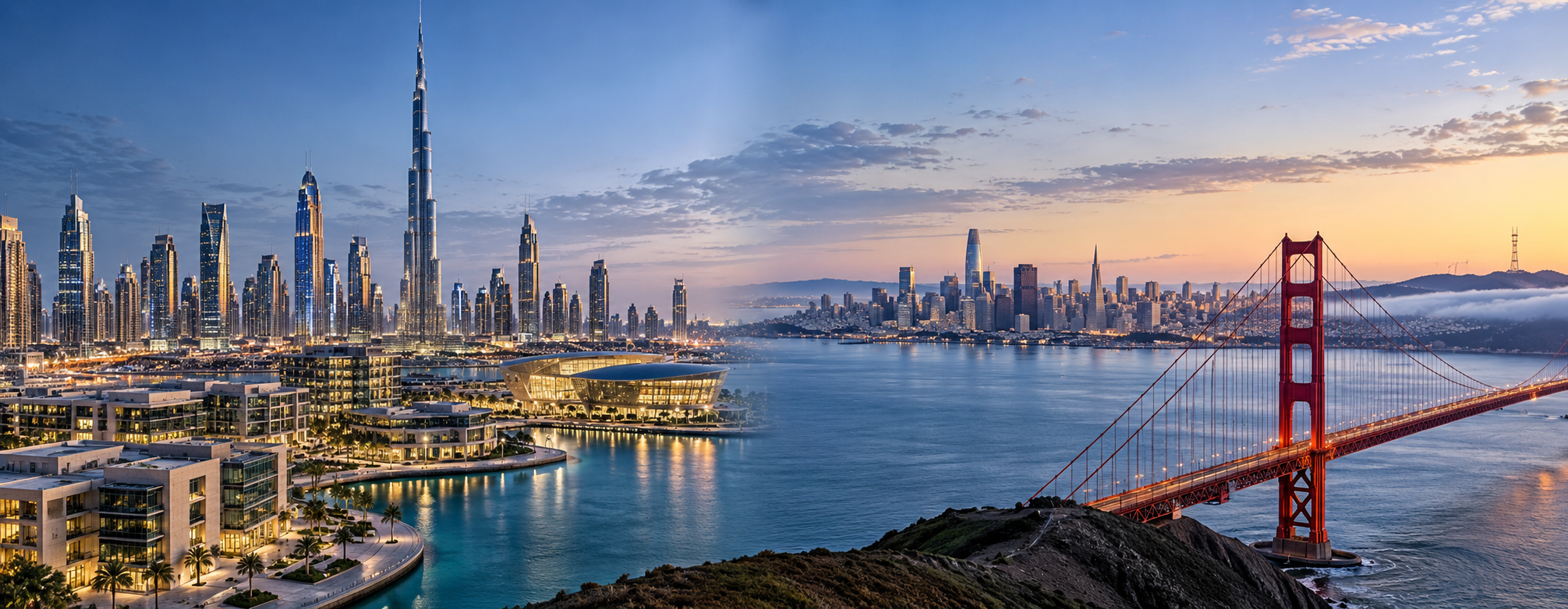 Dubai skyline and San Francisco Golden Gate Bridge