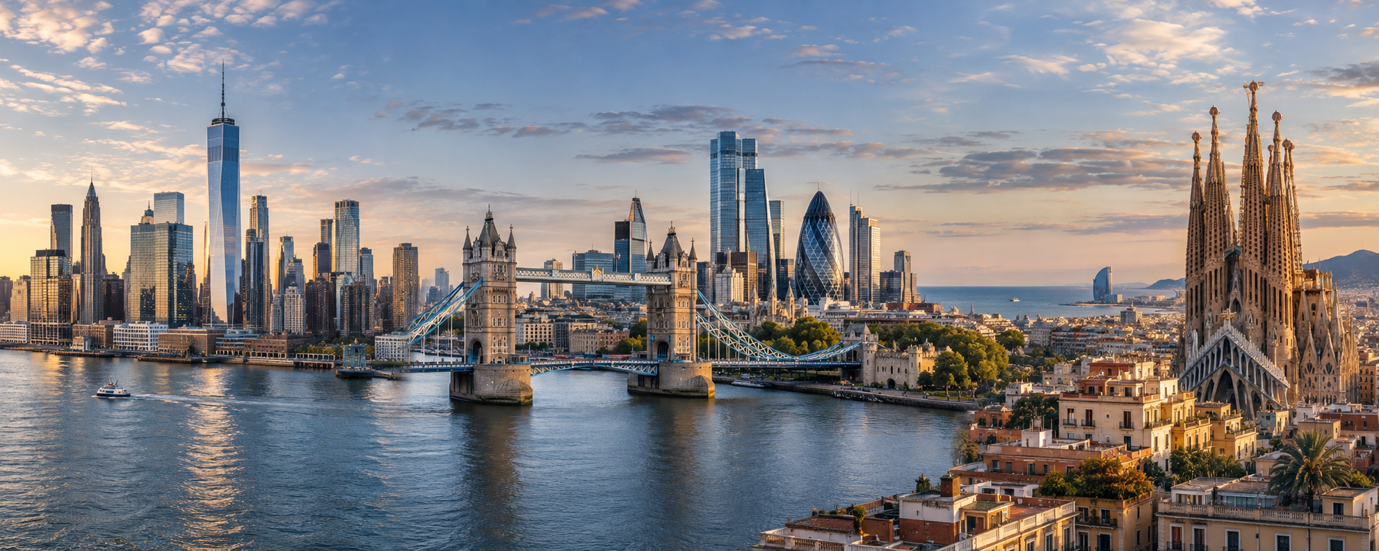New York, London and Barcelona landmarks
